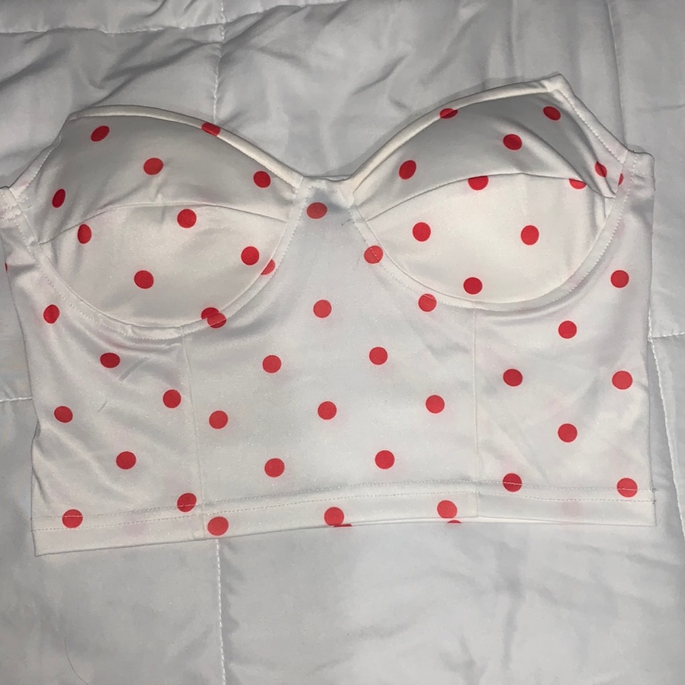 white with pink polkadot strapless top